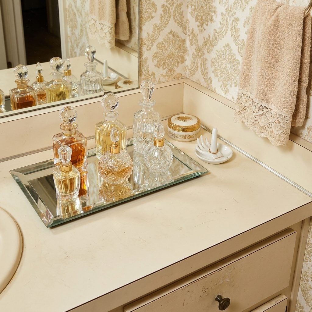 Tiny Crystal Perfume Bottles Displayed on Mirrored Trays Like a Vanity Altar