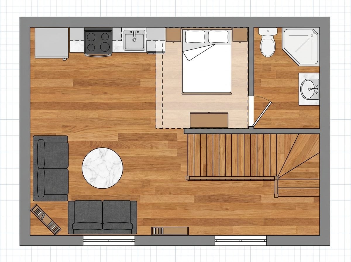 Loft-Ready Skeleton: Double-Height Sleeping Loft Above a Compact Studio Base