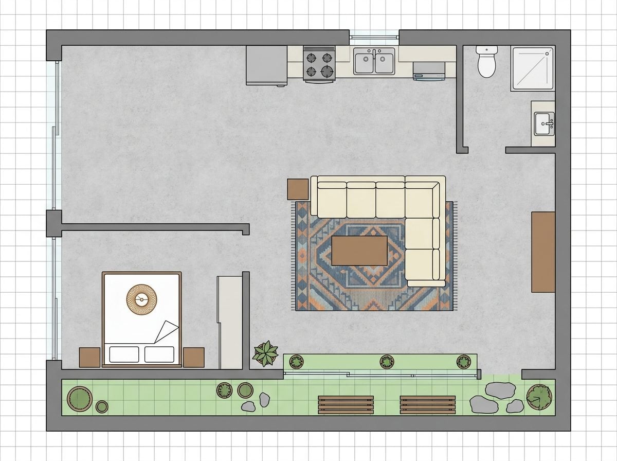 Courtyard-Facing Glass Wall Layout with Interior Garden Corridor