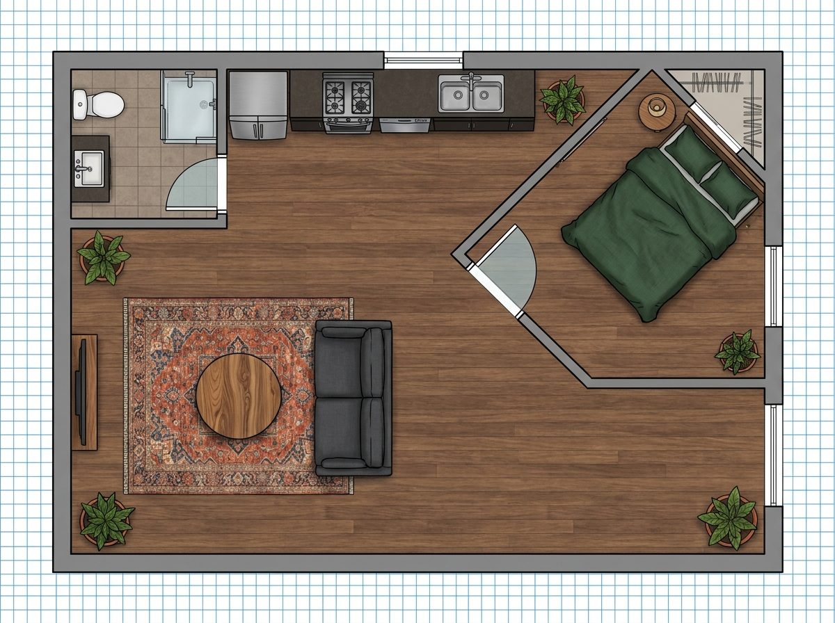 The Corner Pivot: Diagonal Bedroom Wall Creates Two Distinct Triangular Zones