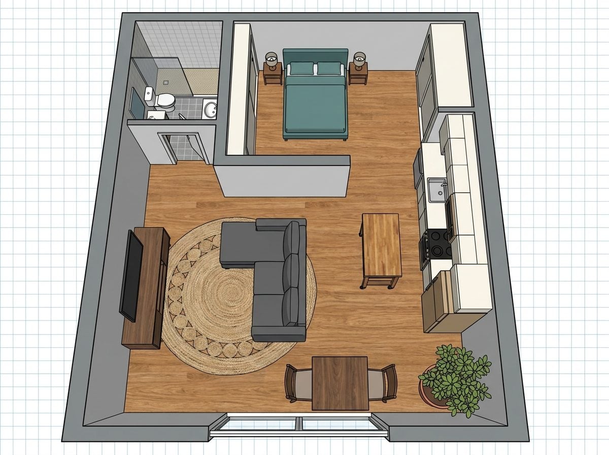The Tandem Studio: Deep-Bay Layout with Sleeping Alcove and Full Kitchen Along One Wall