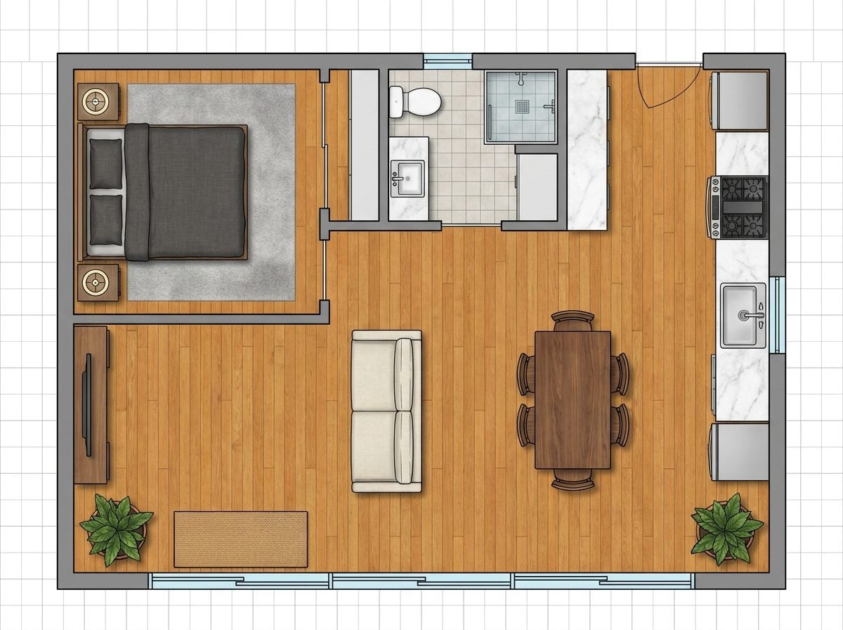Courtyard-Facing Open Plan with Sliding Glass Garage Door Wall
