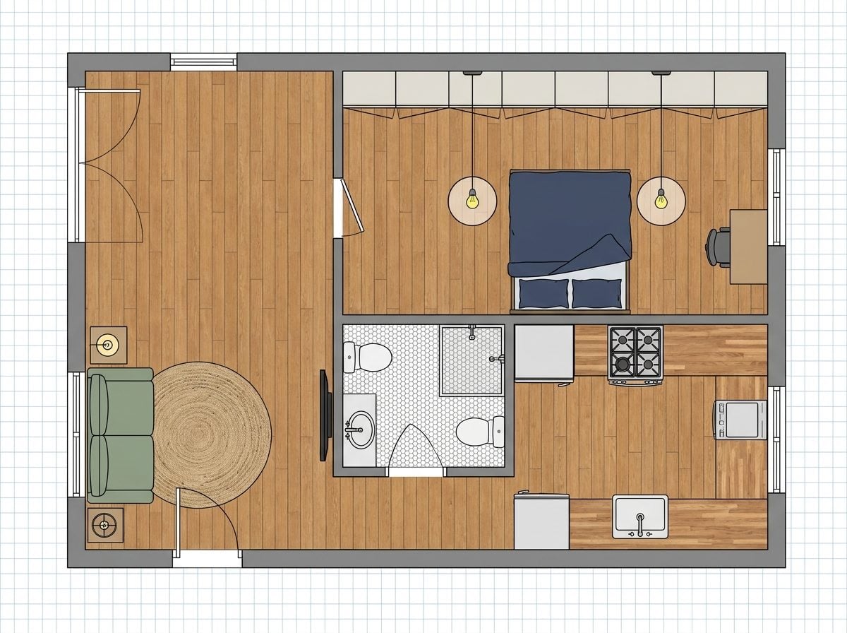 Railroad-Style Garage Apartment with Back-to-Back Wet Walls