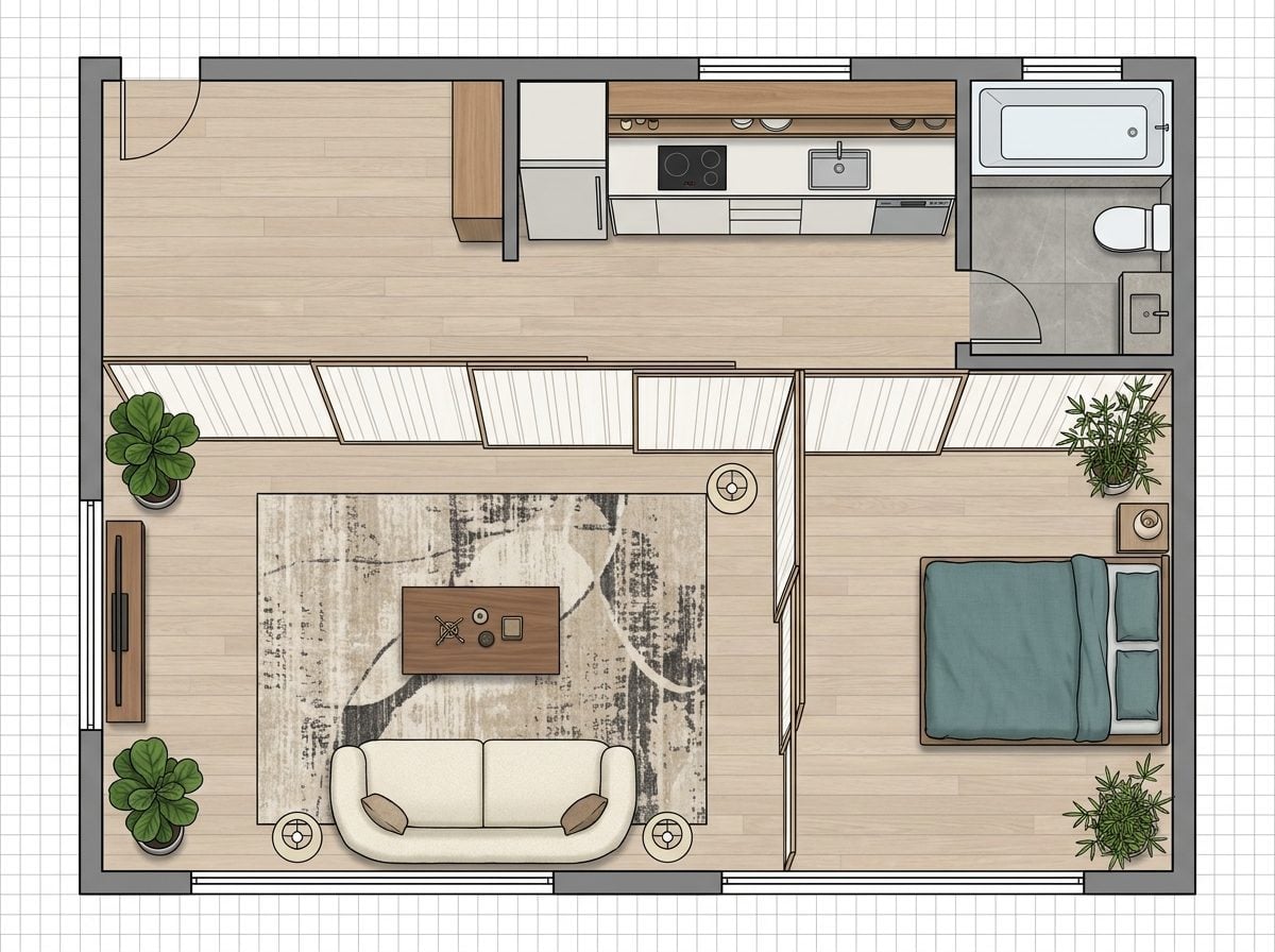 Japandi Garage Studio with Concealed Bedroom Behind Shoji Screens