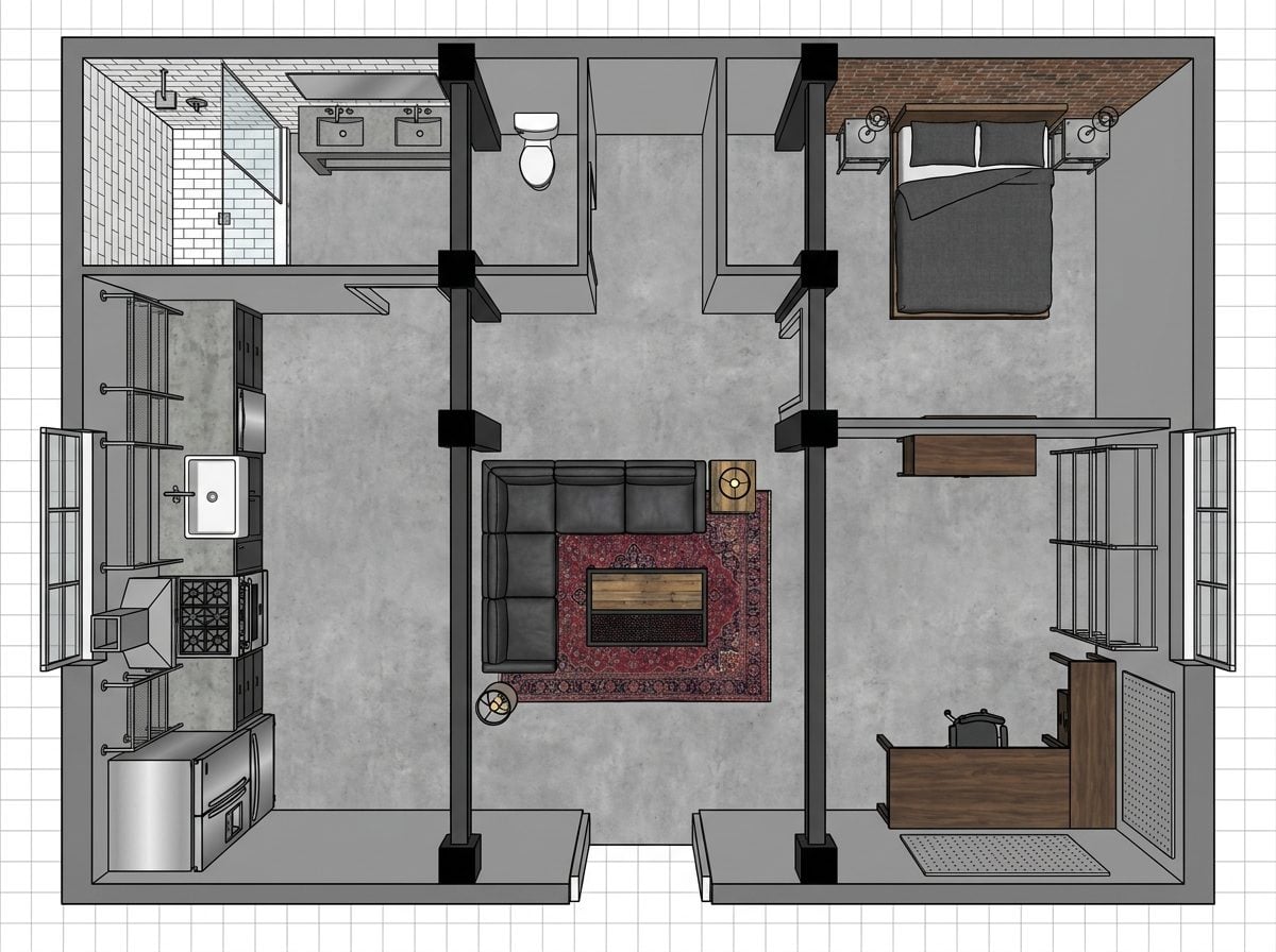 Industrial Garage Conversion with Exposed Structural Grid and Workshop Corner