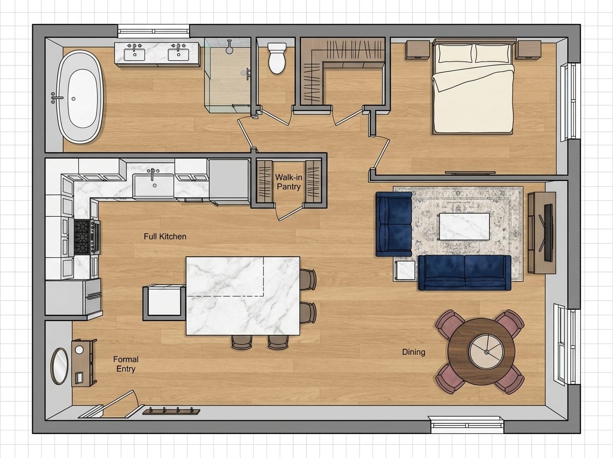 Corner-Bedroom Garage Plan with Dedicated Dining Room and Full Pantry