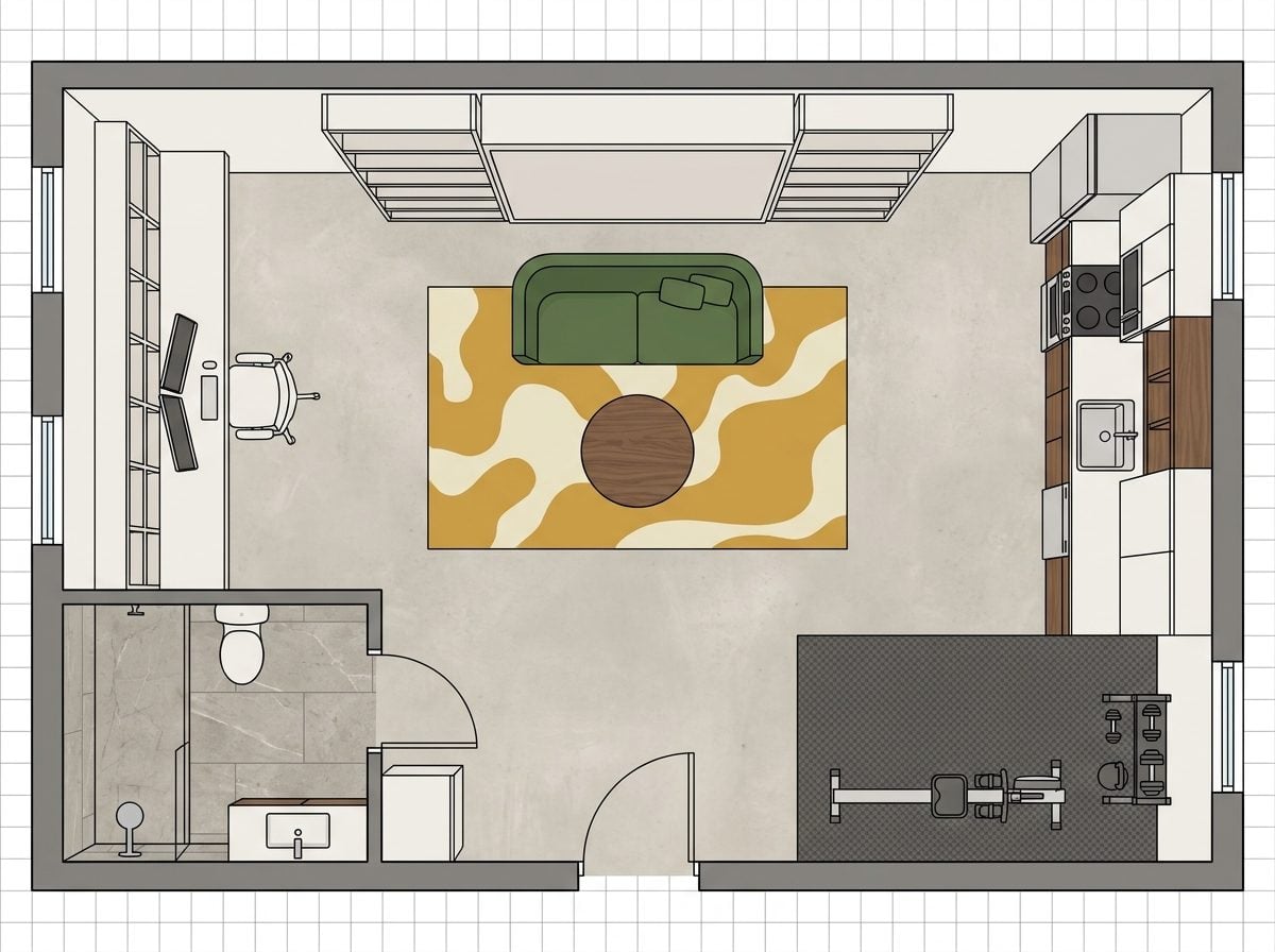 Murphy Bed Garage Apartment with a Gym Corner and Home Office Wall
