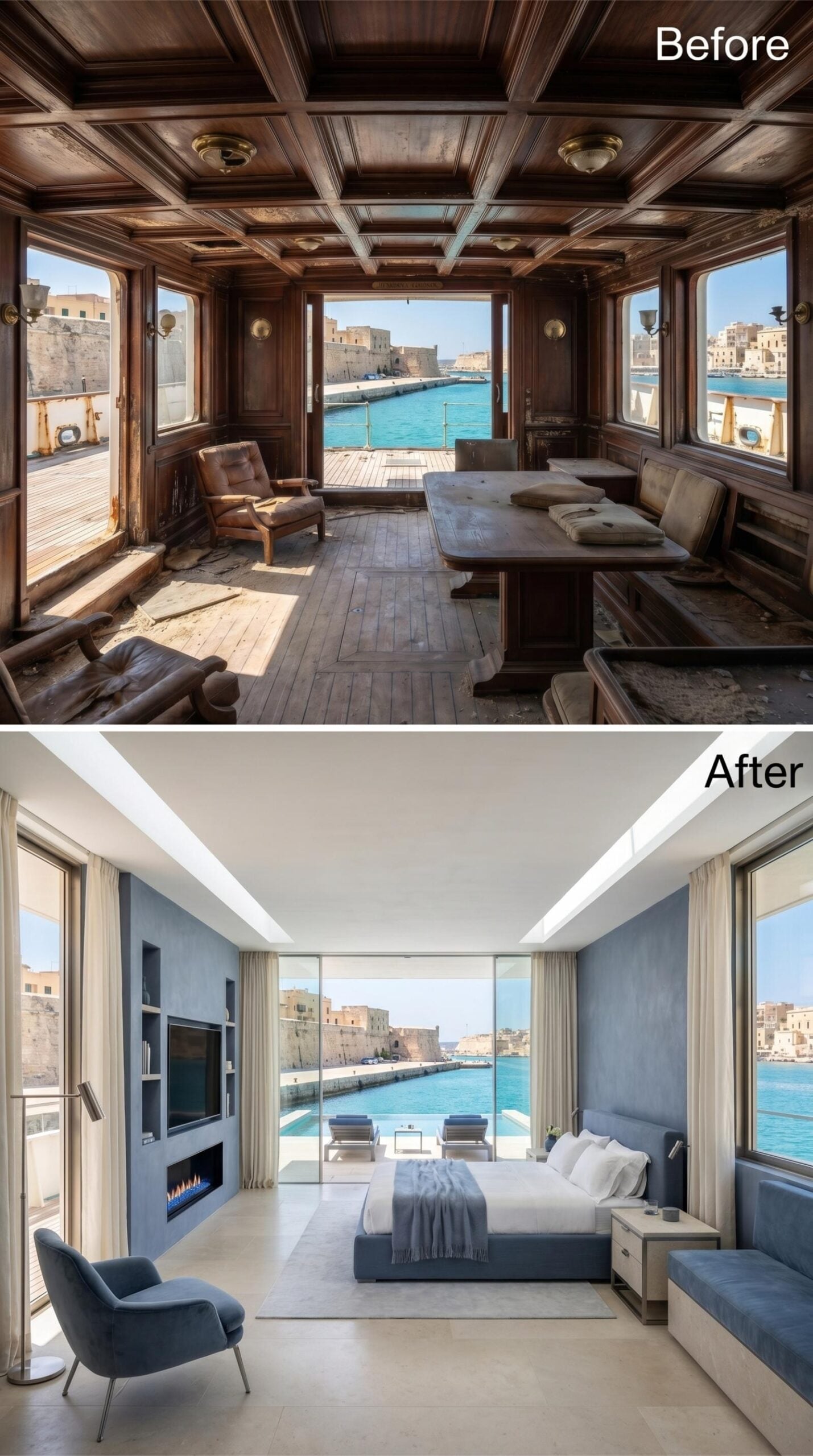 Blue Plaster, Harbor Glass, and a Linear Fireplace That Pulls the Room Together