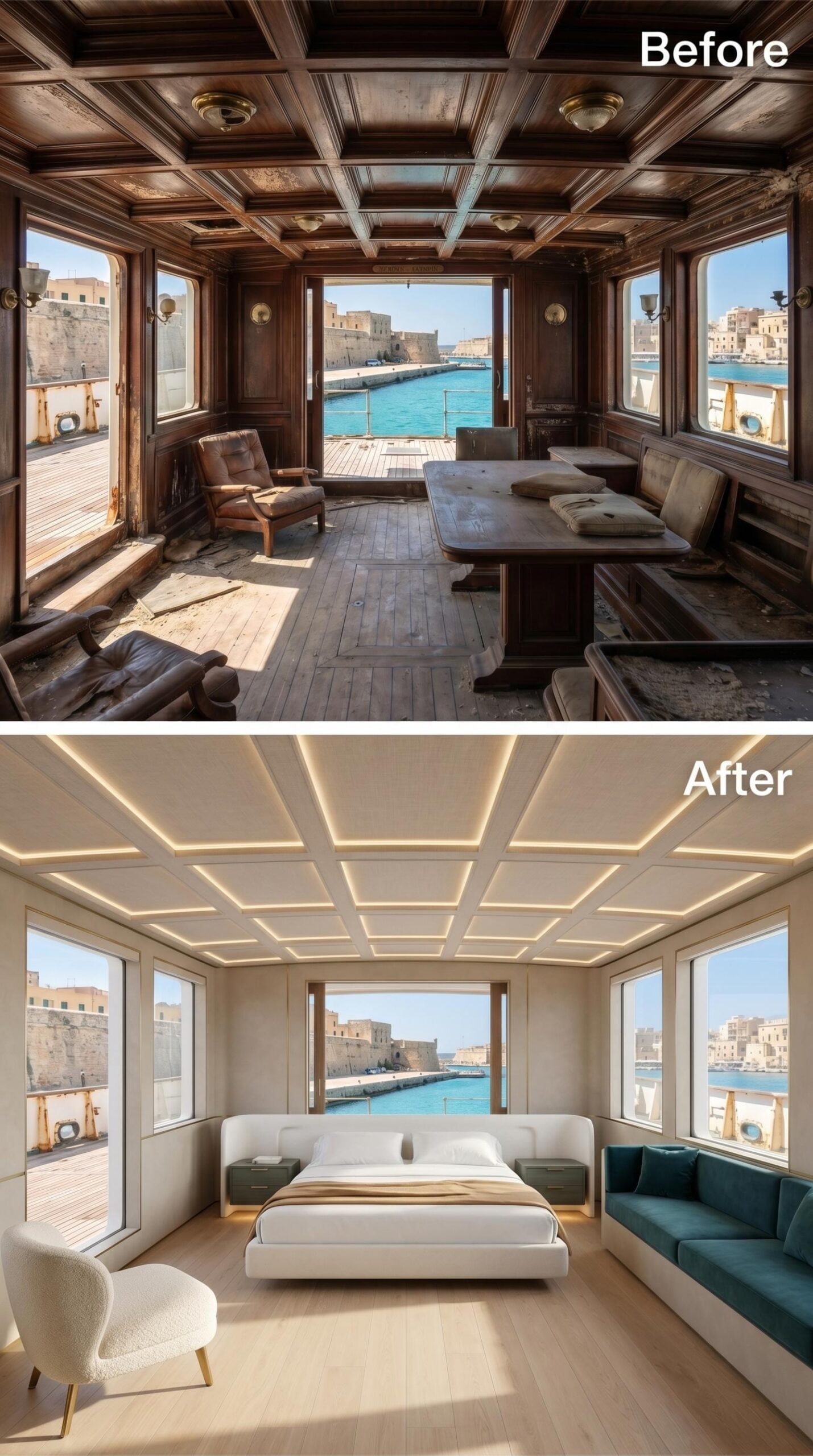 Coffered Ceiling, LED Insets, and a Harbor View Centered Like It Was Planned That Way