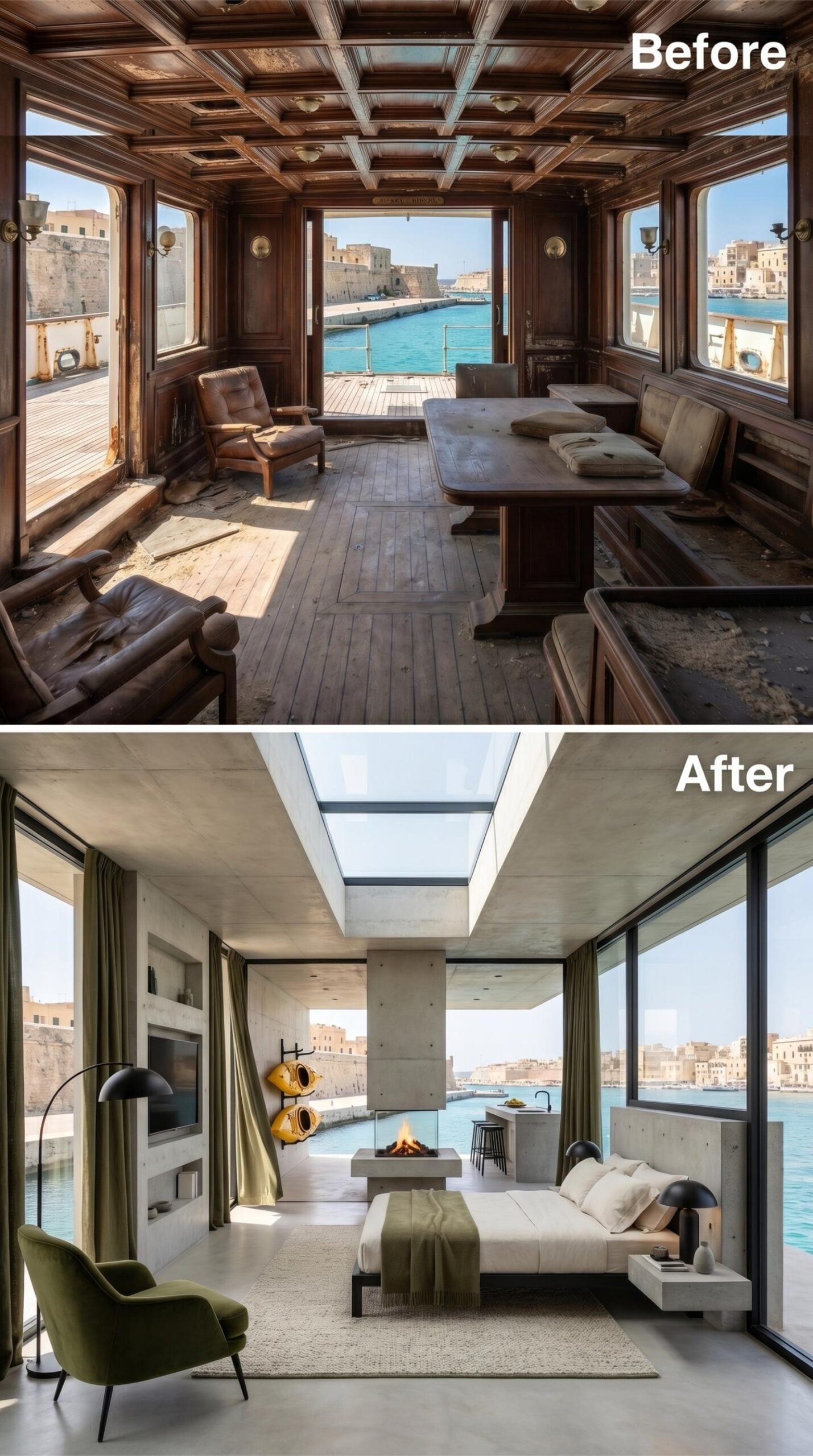 Concrete Ceilings, Olive Curtains, and a Fireplace Floating Above the Water