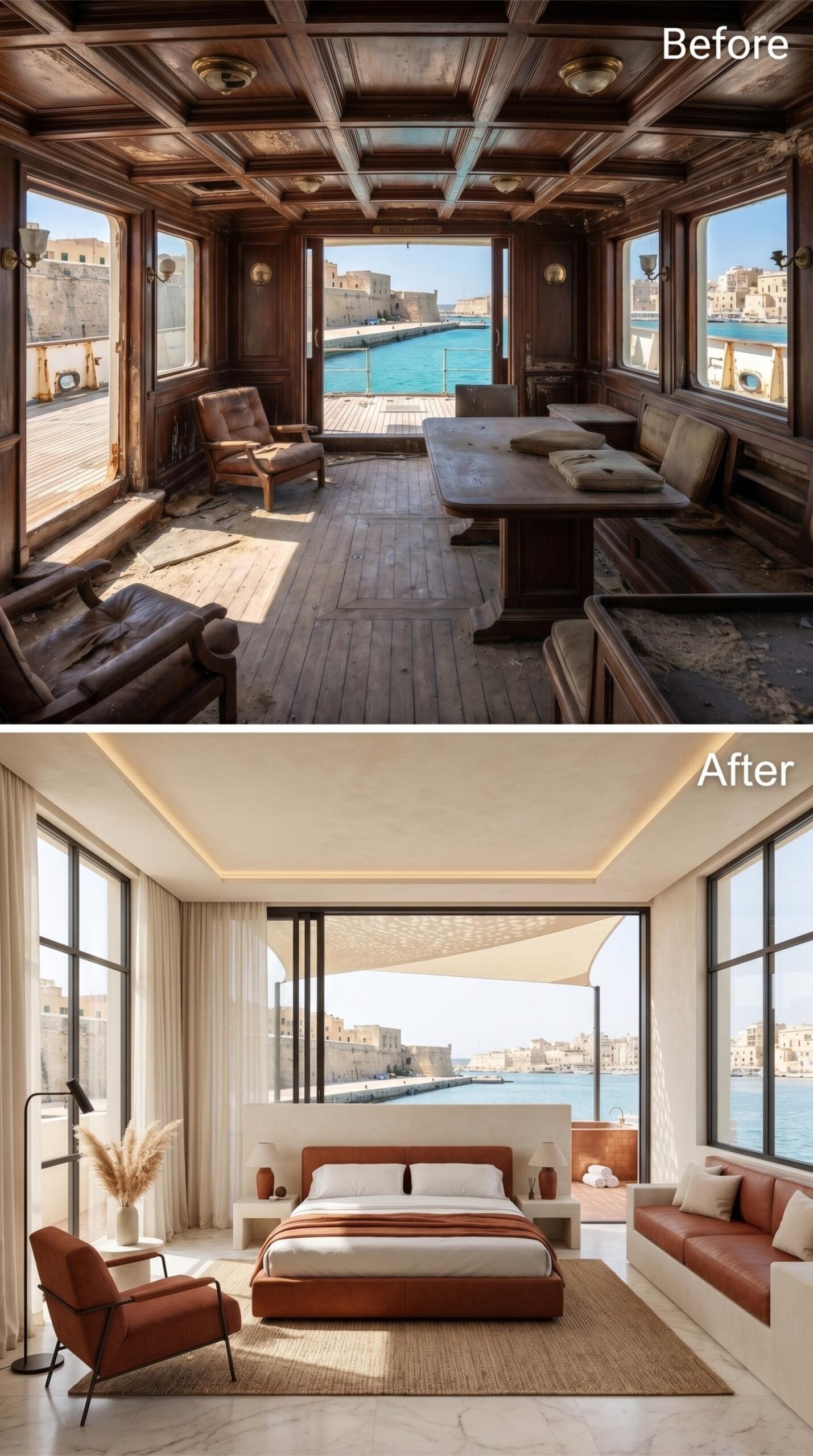 Cream Plaster, Terracotta Leather, and a Harbor That Fills Three Walls