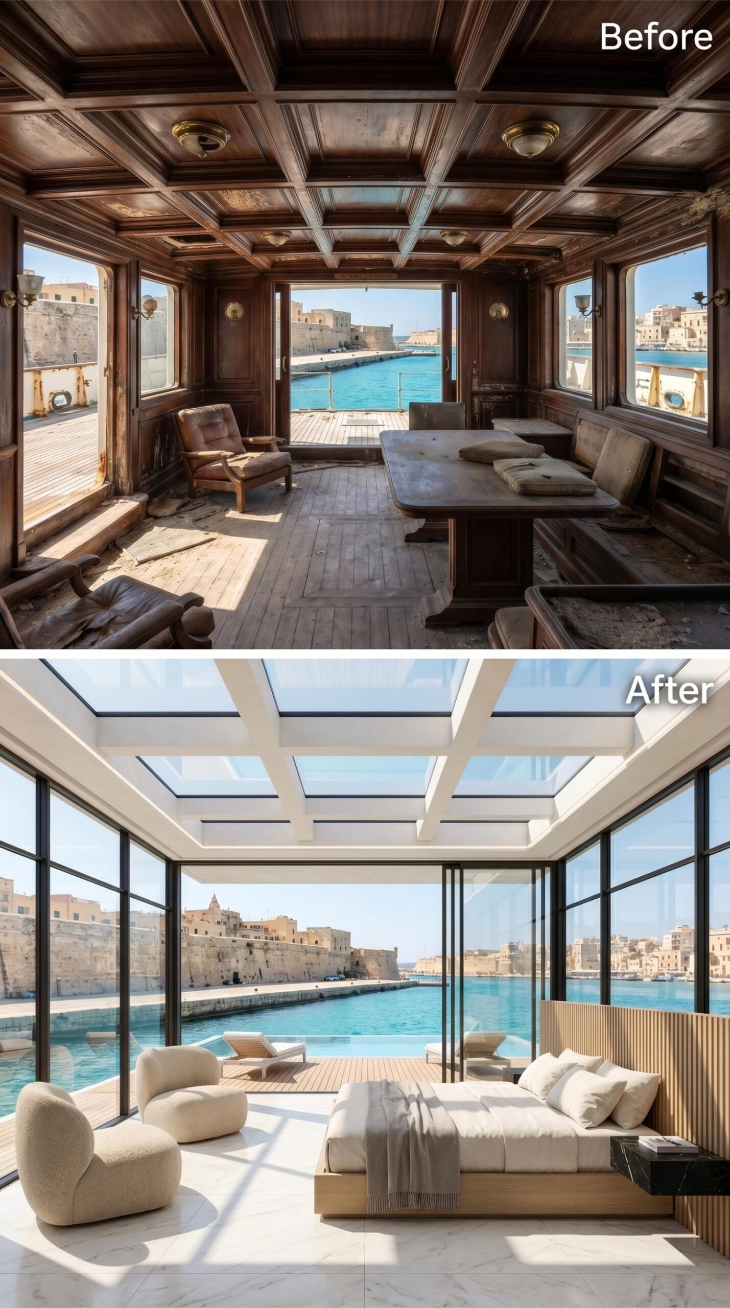 Floor-to-Ceiling Glass, Cream Bouclé, and a Mediterranean Harbor Doing the Heavy Lifting