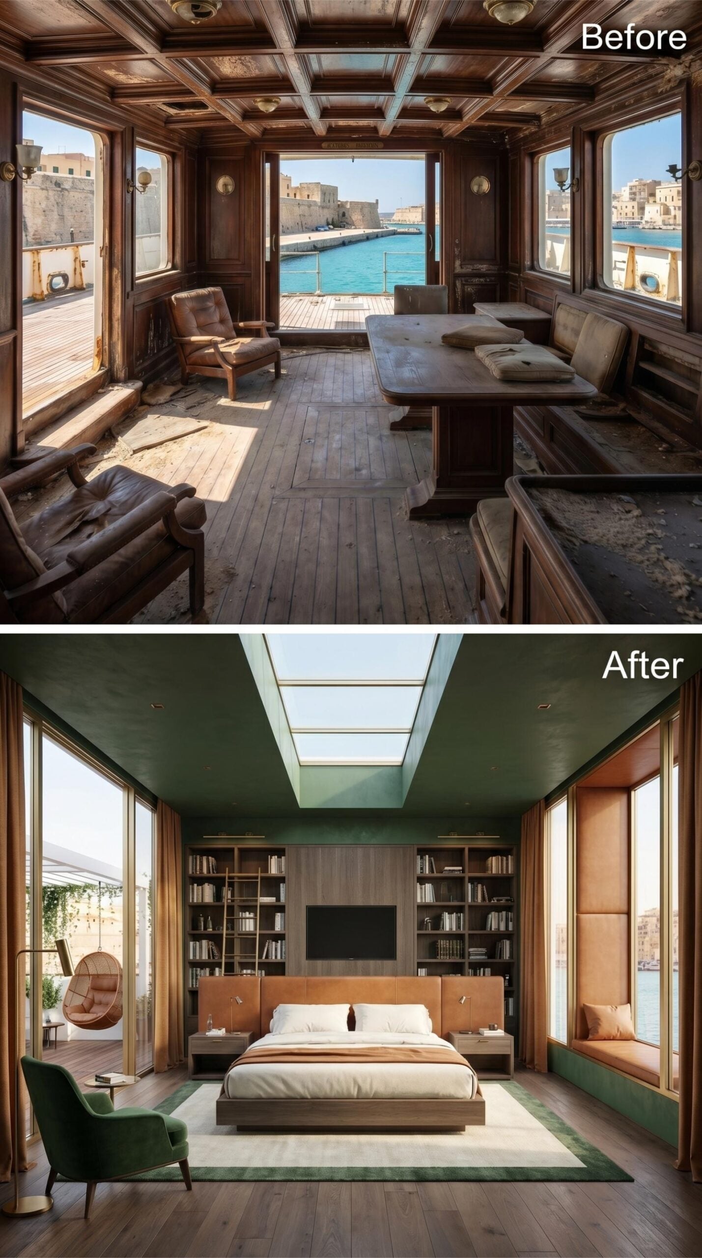 Green Ceiling, Built-In Library, Skylight Over the Bed: Harbor Living Done Right