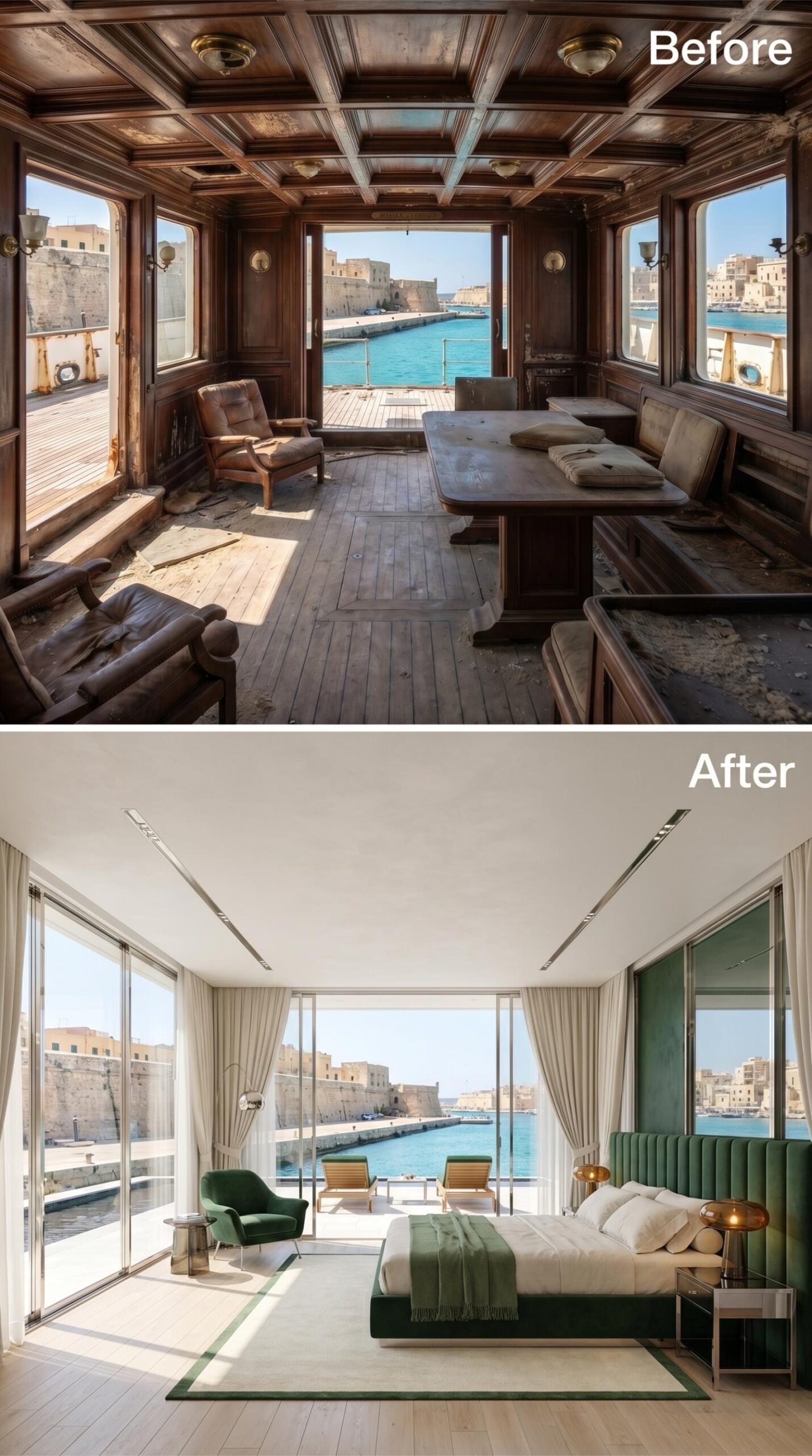Green Velvet, Floor-to-Ceiling Glass, and a Harbor That Fills Three Walls