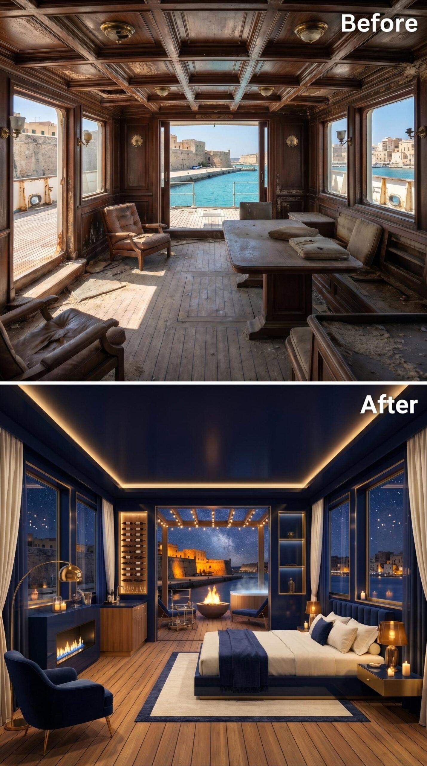 Midnight Blue Walls, String Lights Over Water, and a Fire Bowl on the Deck