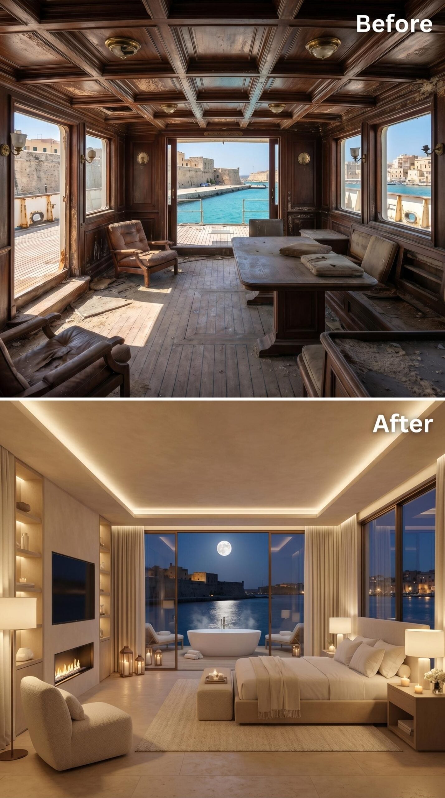 Moonlit Harbor, a Freestanding Tub, and Cove Light That Does the Heavy Lifting