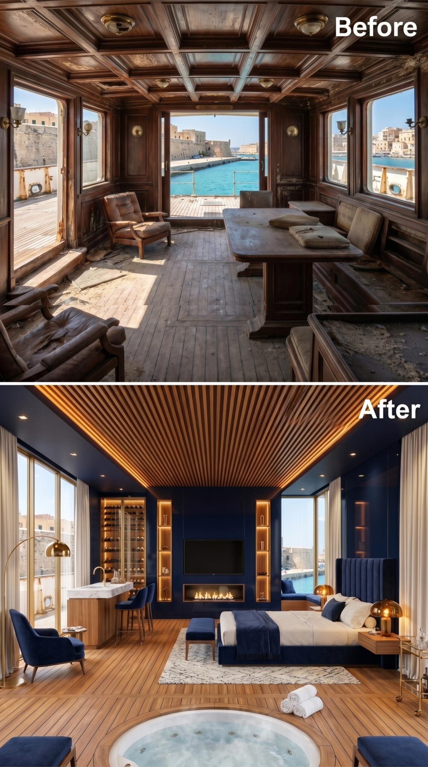 Navy Blue and Firelight: How a Derelict Hull Became a Harbor Suite
