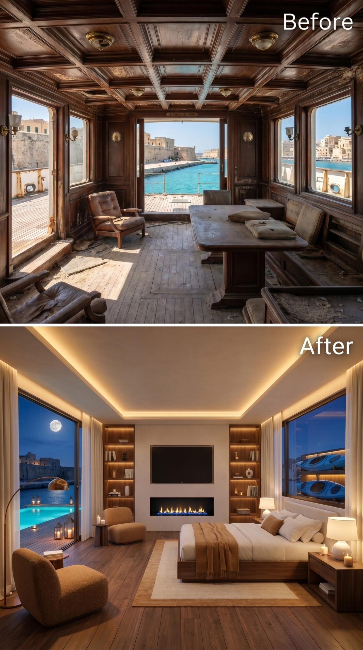 Recessed Cove Lighting, a Linear Fireplace, and Harbor Views on Two Sides
