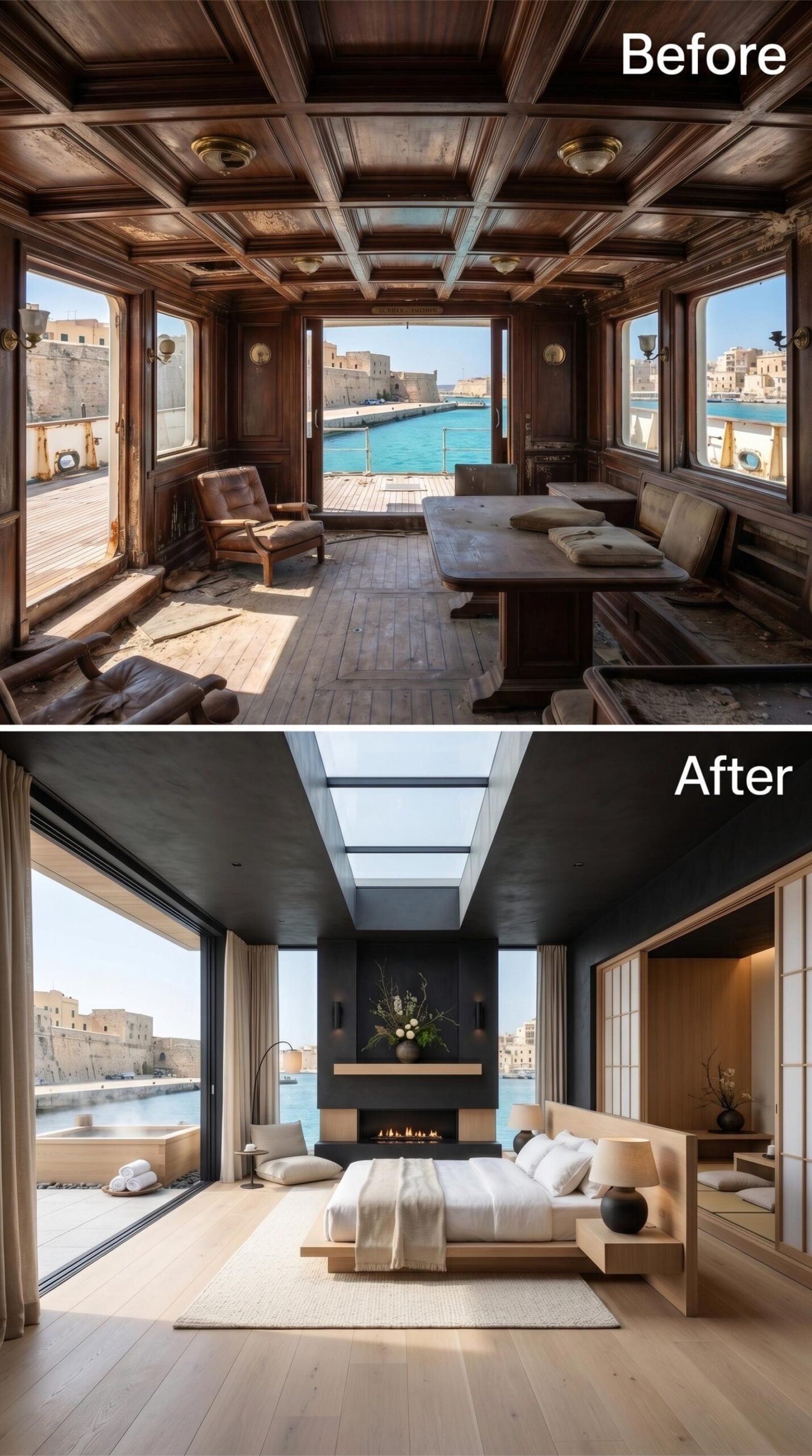 Skylight Bed, Matte Black Ceiling, and a Harbor Fireplace That Actually Belongs Here