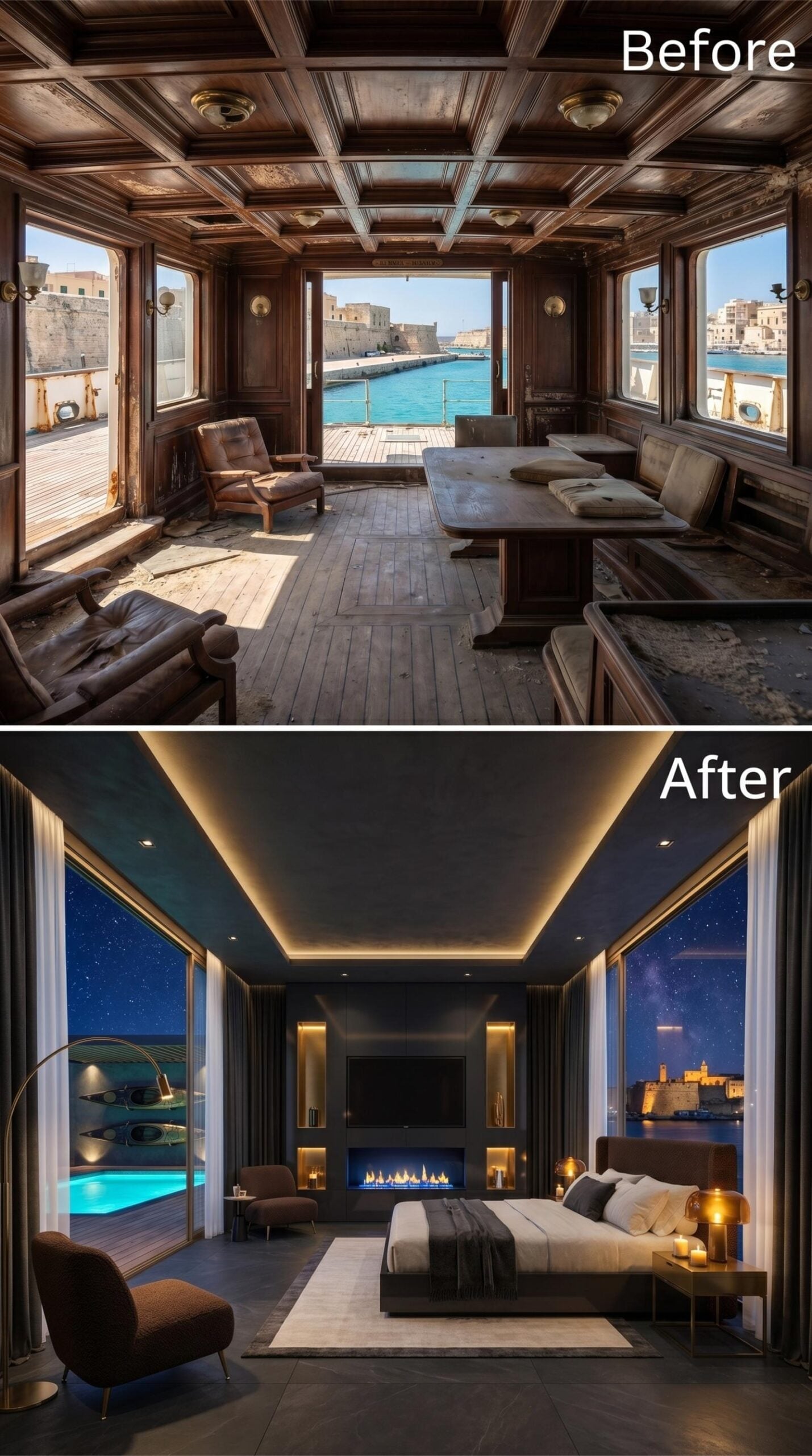 Slate Ceiling, Fireplace Wall, and a Starlit Harbor Framed Like a Painting