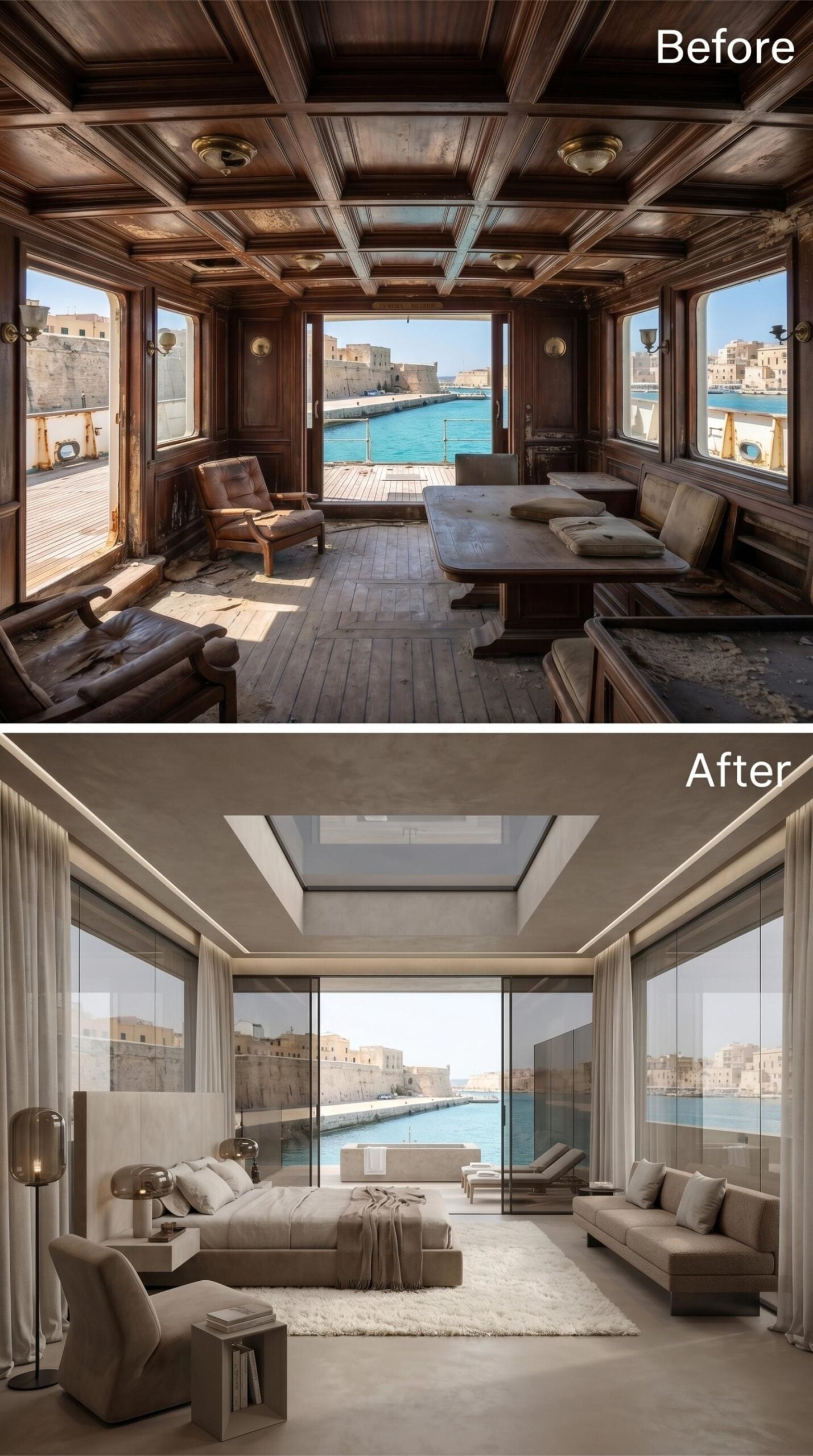 Taupe Linen, Full-Height Glass, and a Harbor Framed Like a Painting