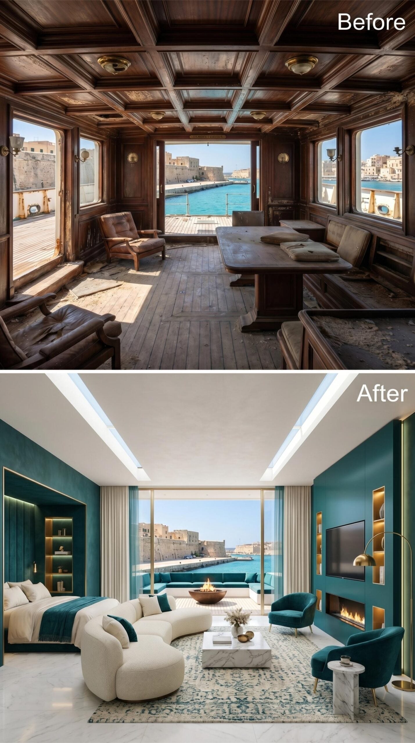 Teal Velvet, a Fire Bowl, and Floor Panels That Somehow Make It Feel Bigger