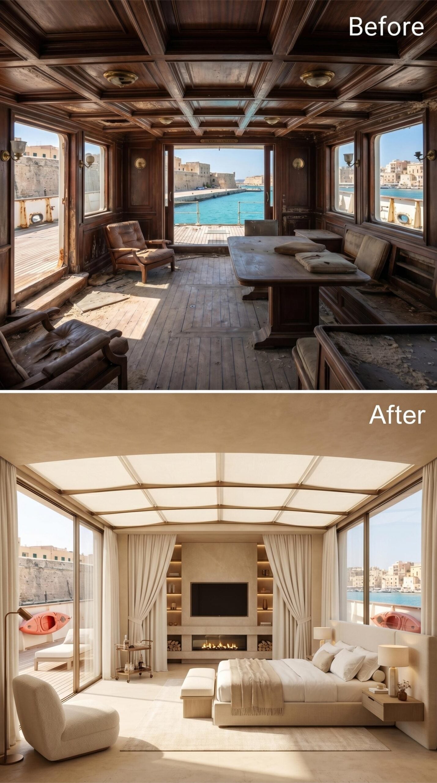 Translucent Roof, Built-In Fireplace, and Cream Linen That Makes Harbor Light Feel Intentional