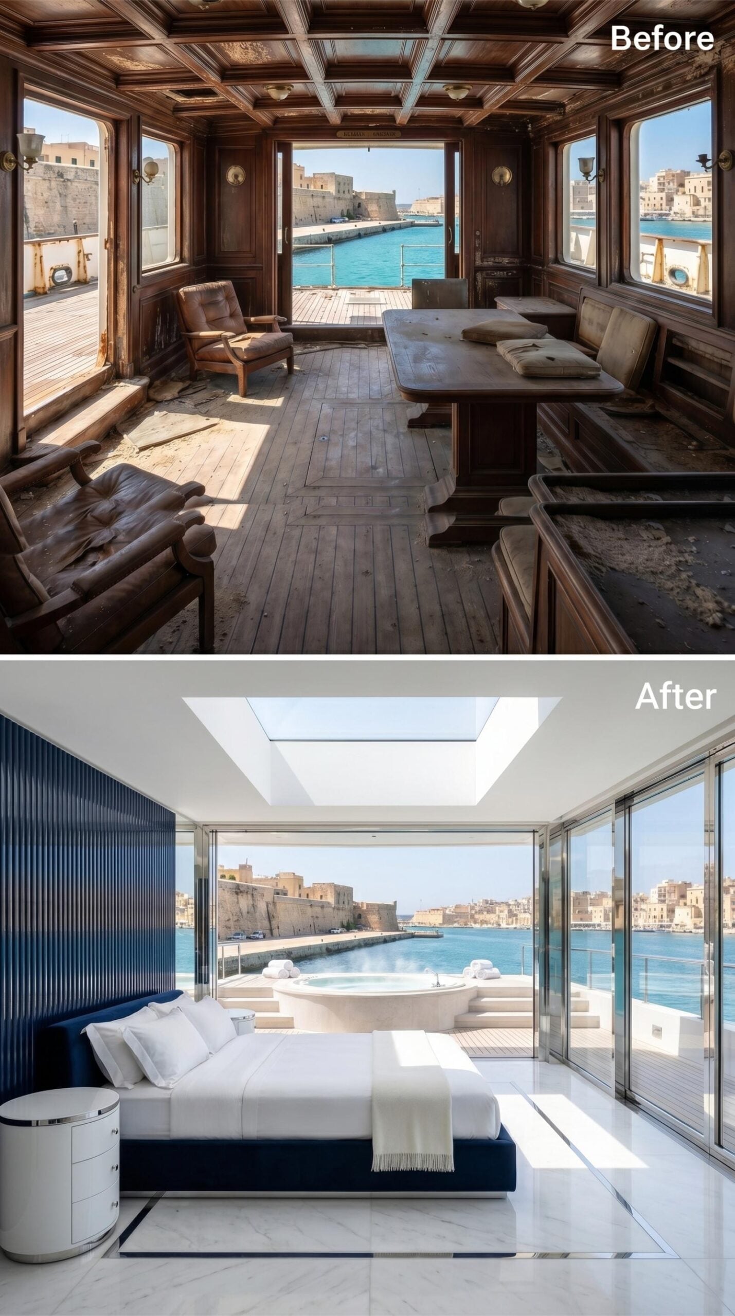 White Marble, Navy Velvet, and a Jacuzzi Terrace That Pulls the Whole Room Forward