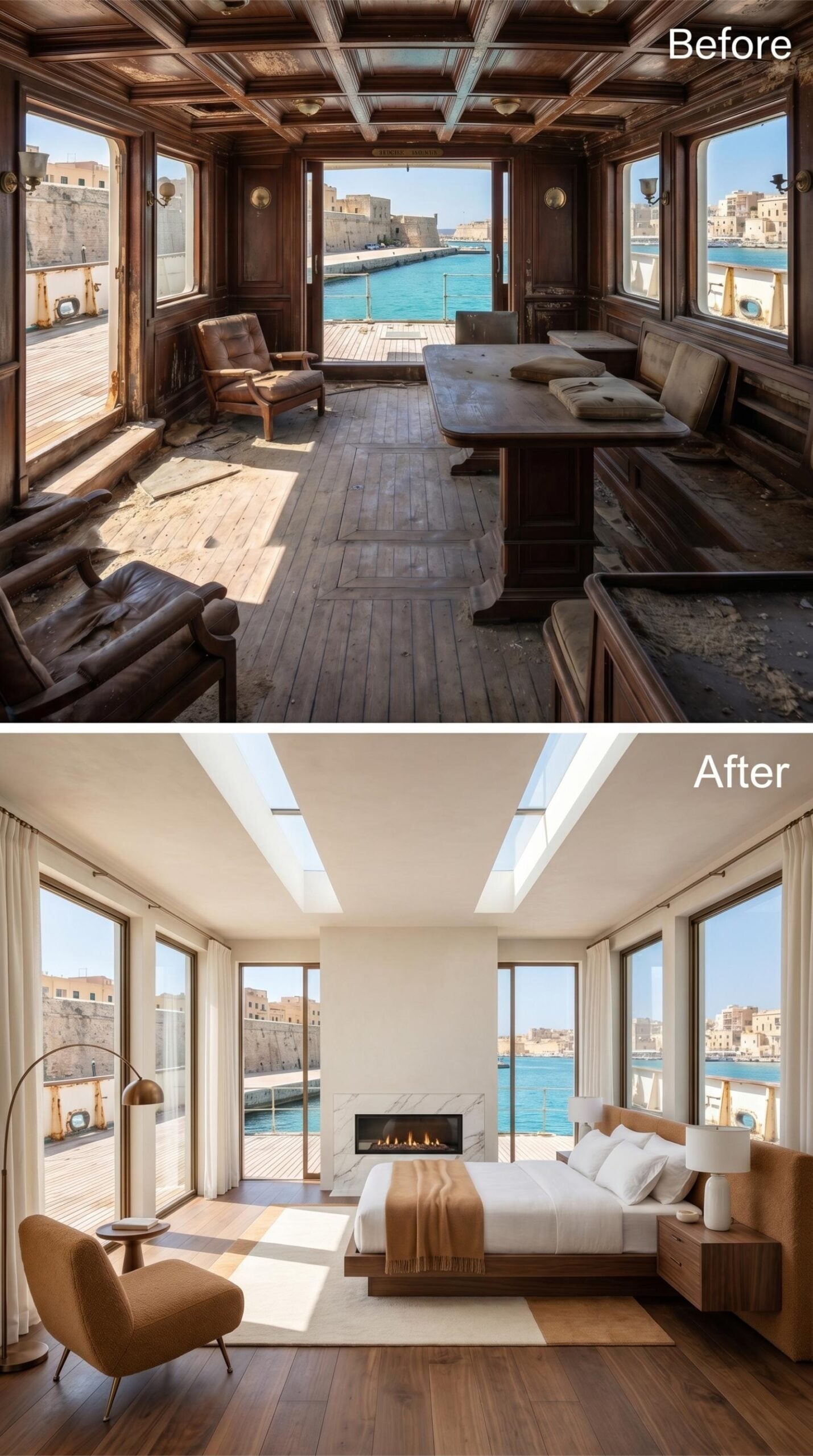White Plaster, a Marble Fireplace, and Skylights That Make the Harbor Feel Like Yours