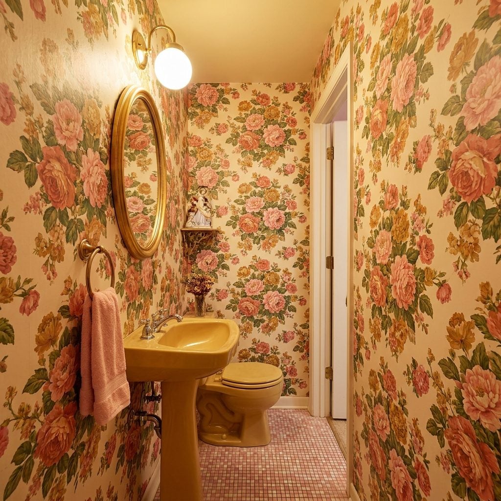 Wall-to-Wall Floral Wallpaper in Powder Rooms So Small You Could Touch Both Walls