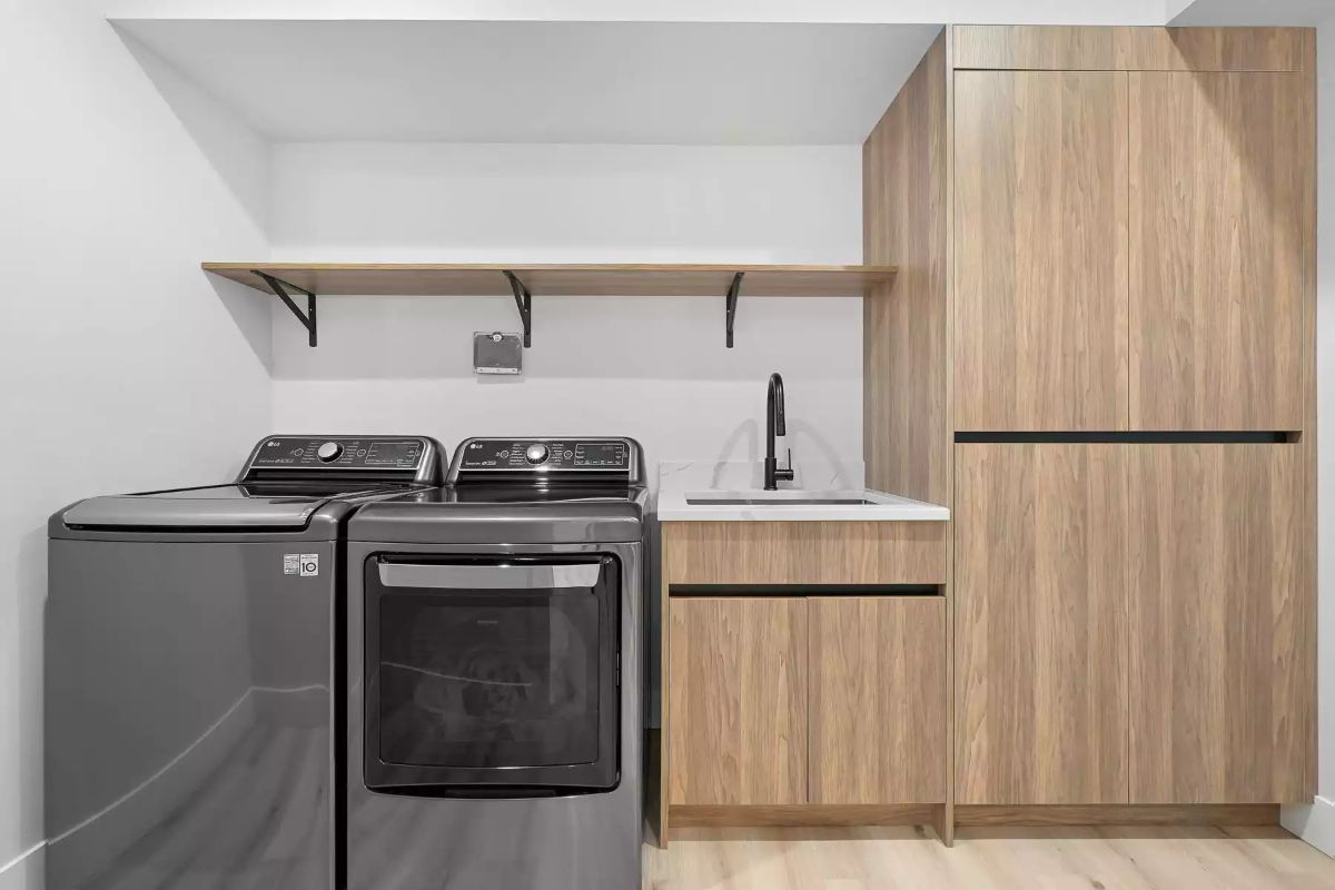 LG Top-Load Pair in a Laundry Room That Finally Has the Storage to Match
