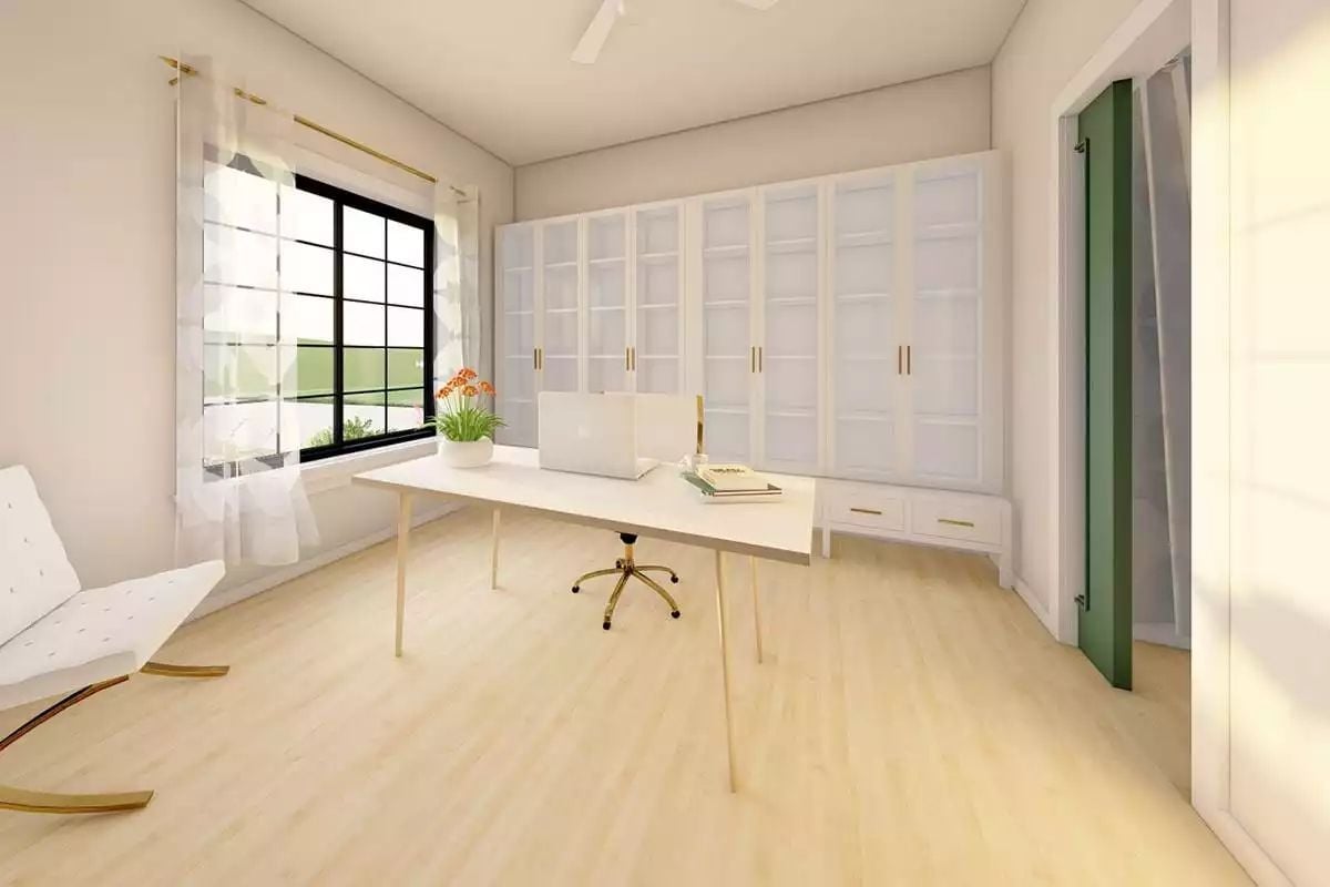 Gold Accents and Built-In Storage Make This Home Office Work Hard