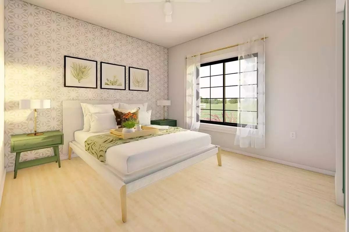 Sage Green Nightstands and Botanical Prints Anchor This Restful Bedroom