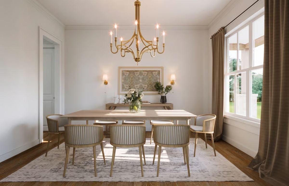 Brass Chandelier, Striped Chairs, and Natural Light That Does the Work