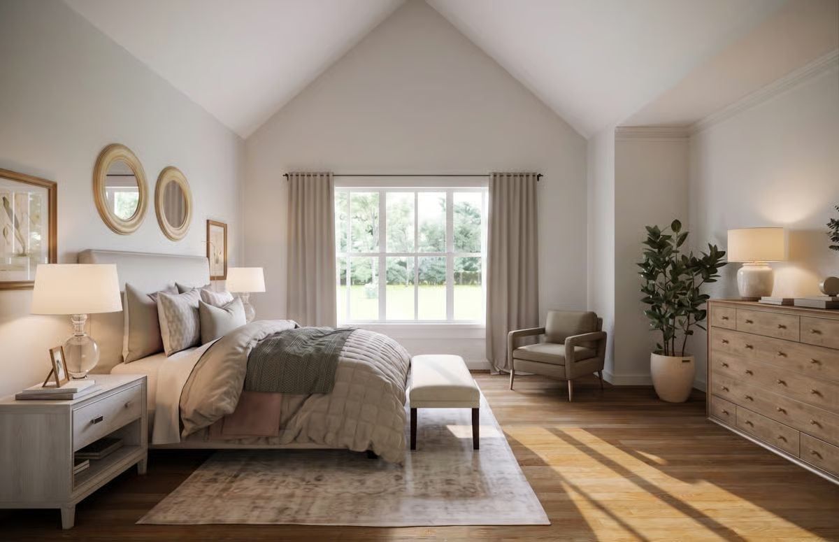 Vaulted Ceiling, Warm Wood Floors, and a Bedroom That Earns Its Quiet