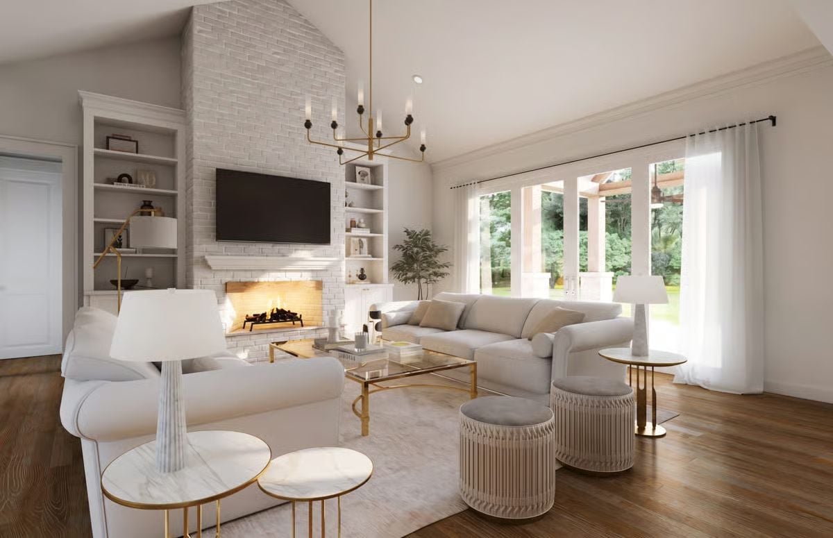 Whitewashed Brick, Brass Accents, and a Fireplace That Actually Gets Used