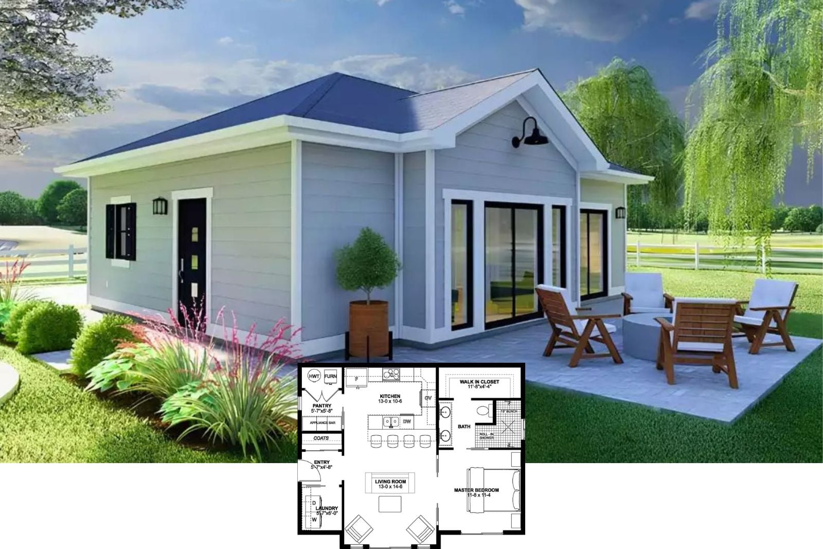 Bucknell 1-Bedroom Cottage House Plan with Open-Concept Design (796 Sq. Ft. Floor Plan)