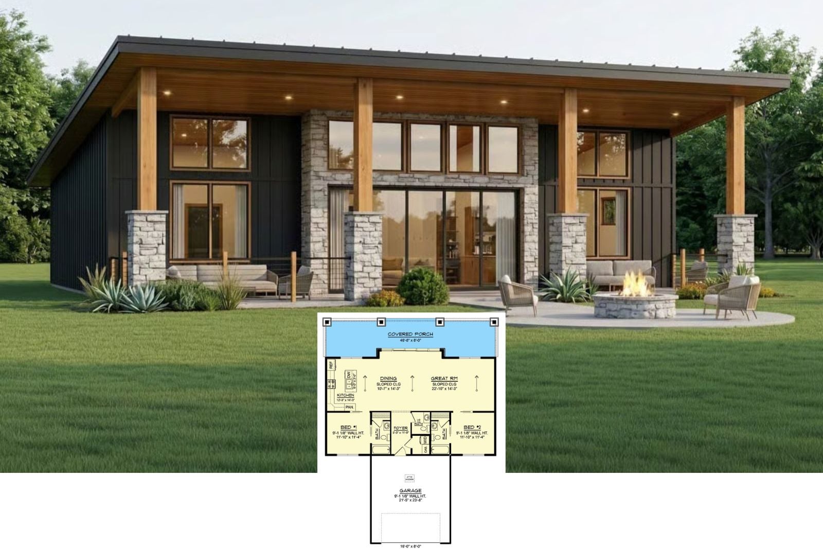 Crestline 2-Bedroom Modern Contemporary House Plan with Covered Patio (1,296 Sq. Ft. Floor Plan)