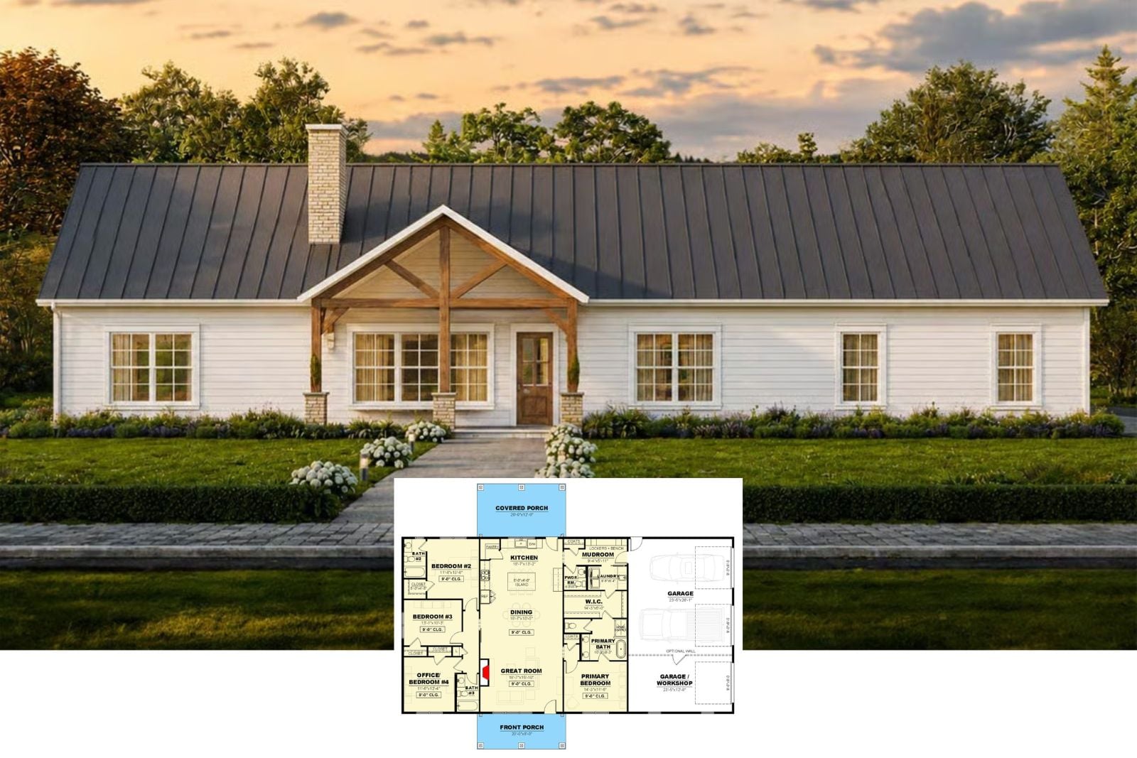 Holloway 4-Bedroom Modern Barndominium House Plan with Massive Workshop Garage (2,040 Sq. Ft. Floor Plan)
