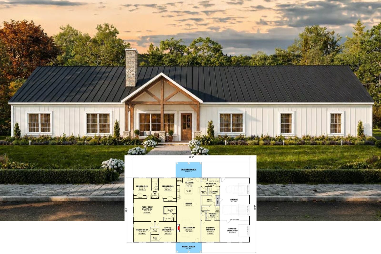 Hayfield 5-Bedroom Modern Barndominium House Plan with 3-Car Garage (3,350 Sq. Ft. Floor Plan)
