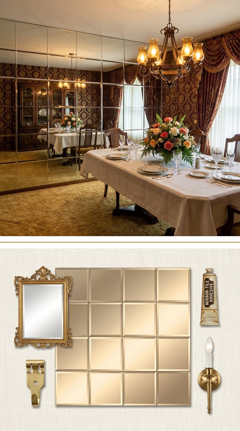 A Whole Wall of Mirror Tiles, or One Giant Gold-Framed Mirror
