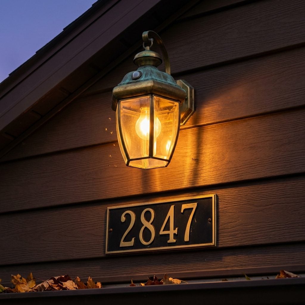The Address Plaque Lit by a Single Acorn-Shaped Lantern That Turned On at Dusk