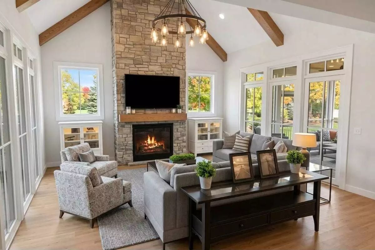 Stone Fireplace Reaching Cathedral Height Earns Every Inch of Wall It Takes