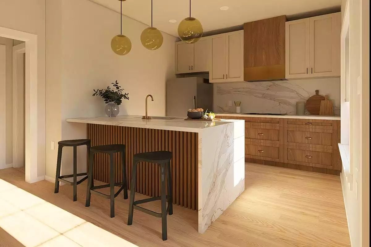 Marble Waterfall Island with Slatted Wood Base Anchors a Warm, Layered Kitchen