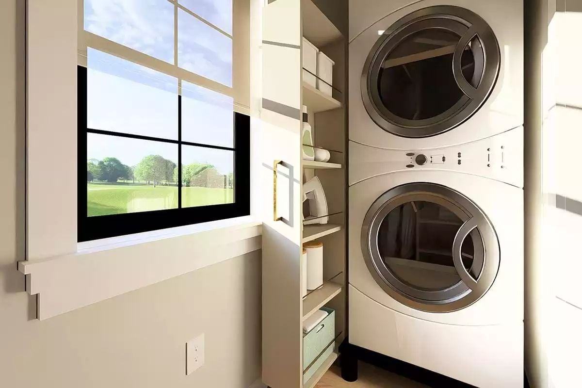 Stacked Units and Open Shelving Keep Laundry Day From Eating the Floor Plan