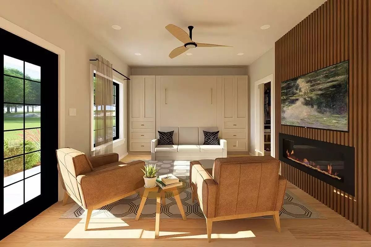 Warm Leather Chairs Face a Linear Fireplace Wrapped in Slatted Wood