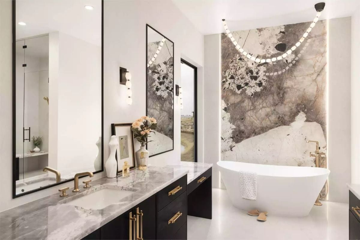 Marble Slab Feature Wall and Freestanding Tub Justify Each Other Completely