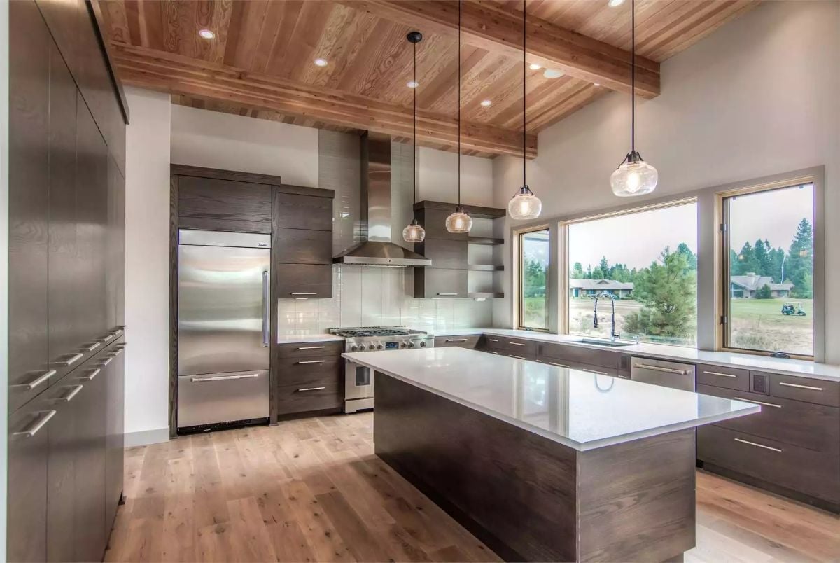 Dark Walnut Cabinets and a Wood Ceiling That Actually Belong Together