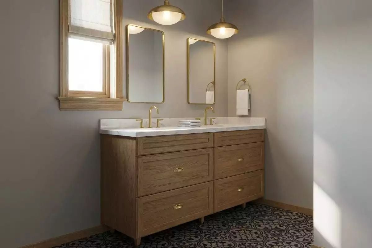 Brushed Brass Hardware, Marble Countertops, and Pendant Lights Hung Low Enough to Matter
