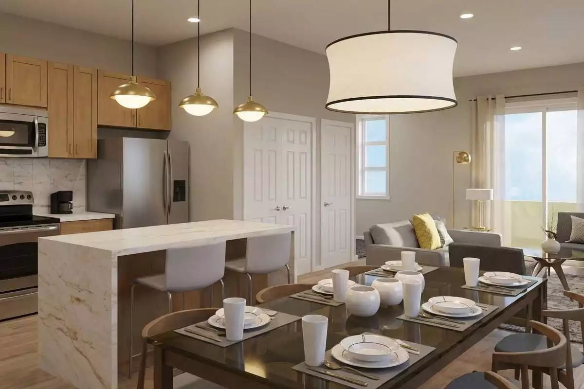 Marble Island, Pendant Glow, and a Dining Table Set Like Someone's Actually Coming Over